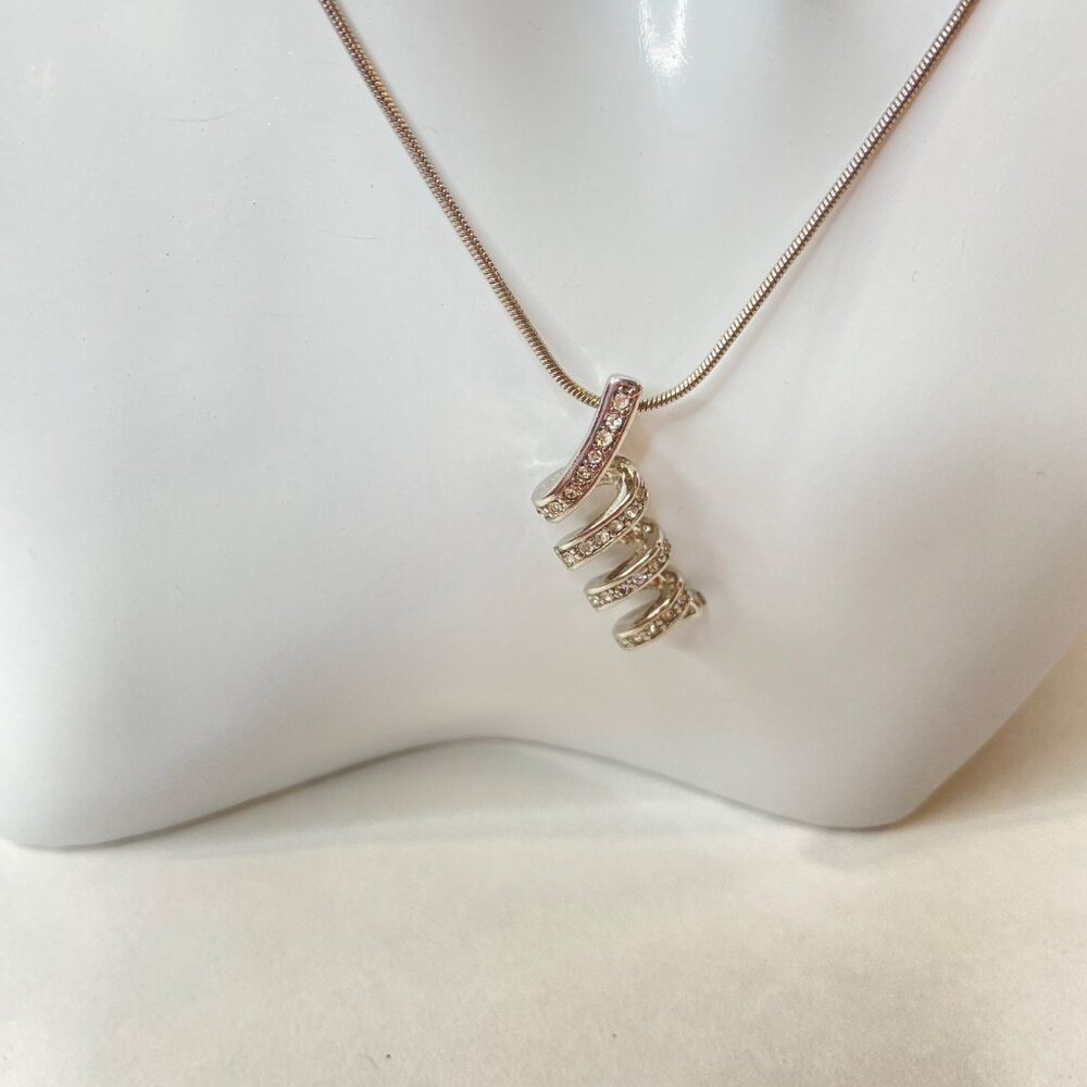 Vintage TerneSilver Spiral Pendant Necklace With Rhinestones On Adjustable Chain